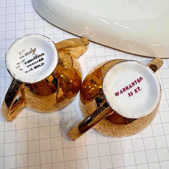 VTG MCM Lady Hamilton 22k Warranted Gold Cup Pair Floral Etching w Saucer Set - Picture 15 of 16
